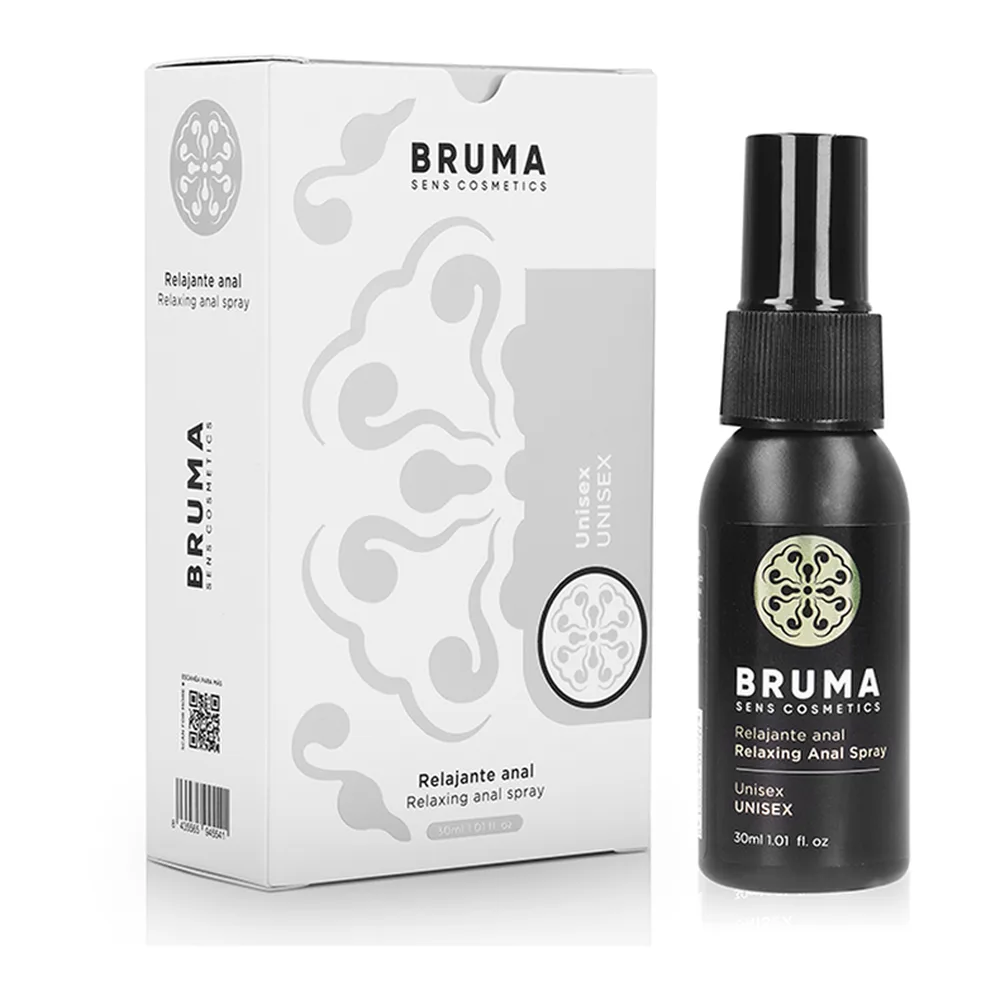Emballage et flacon vaporisateur noir du spray anal relaxant Bruma de 30 ml, avec logo fleuri et étiquette blanche, présenté avec sa boîte grise ornée de motifs
