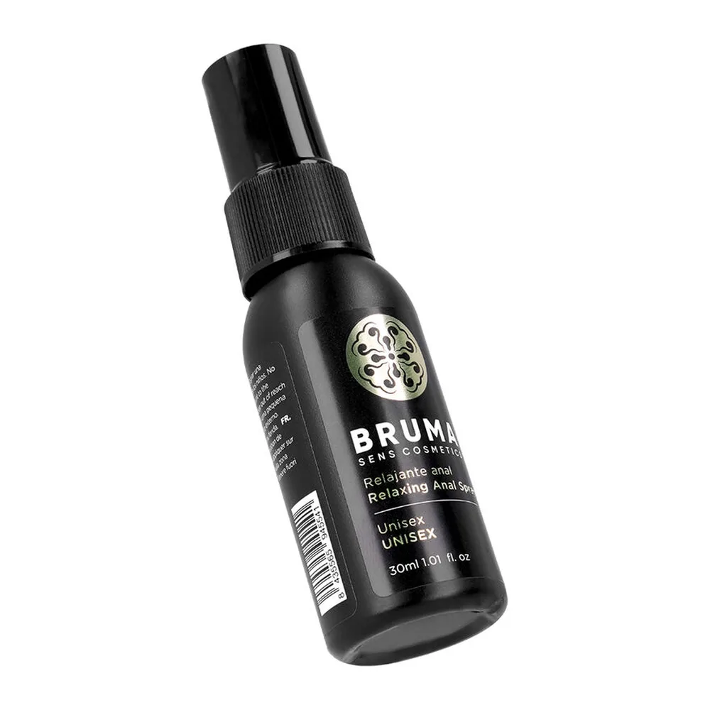 Emballage et flacon vaporisateur noir du spray anal relaxant Bruma de 30 ml, avec logo fleuri et étiquette blanche, présenté avec sa boîte grise ornée de motifs