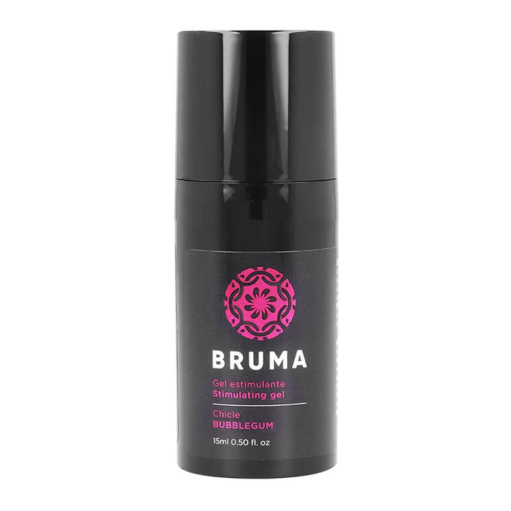 Flacon noir de lubrifiant comestible Bruma saveur fraise, 15 ml, avec étiquette rouge et blanche, présenté sur fond blanc