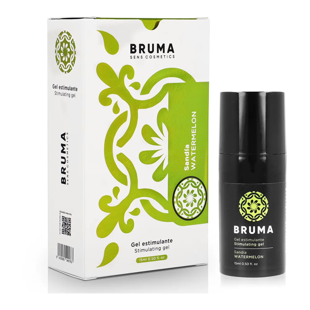 Tube noir brillant de gel avec étiquette blanche et logo vert, marque Bruma, saveur pastèque, 15 ml, sur fond blanc
