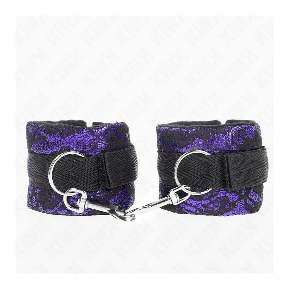 Paire de menottes courtes en dentelle de velours noir et violet, manchettes rembourrées avec bande nylon noir, anneau et chaîne en acier inoxydable