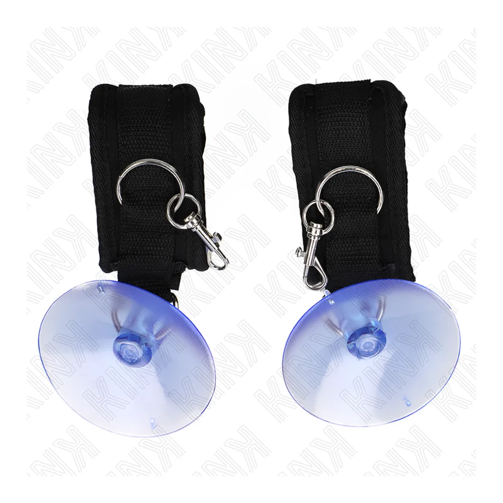 Paire d'appui-poignets à ventouses transparentes avec bagues en acier inoxydable, bandes de fixation noires et logo bleu, sur fond blanc