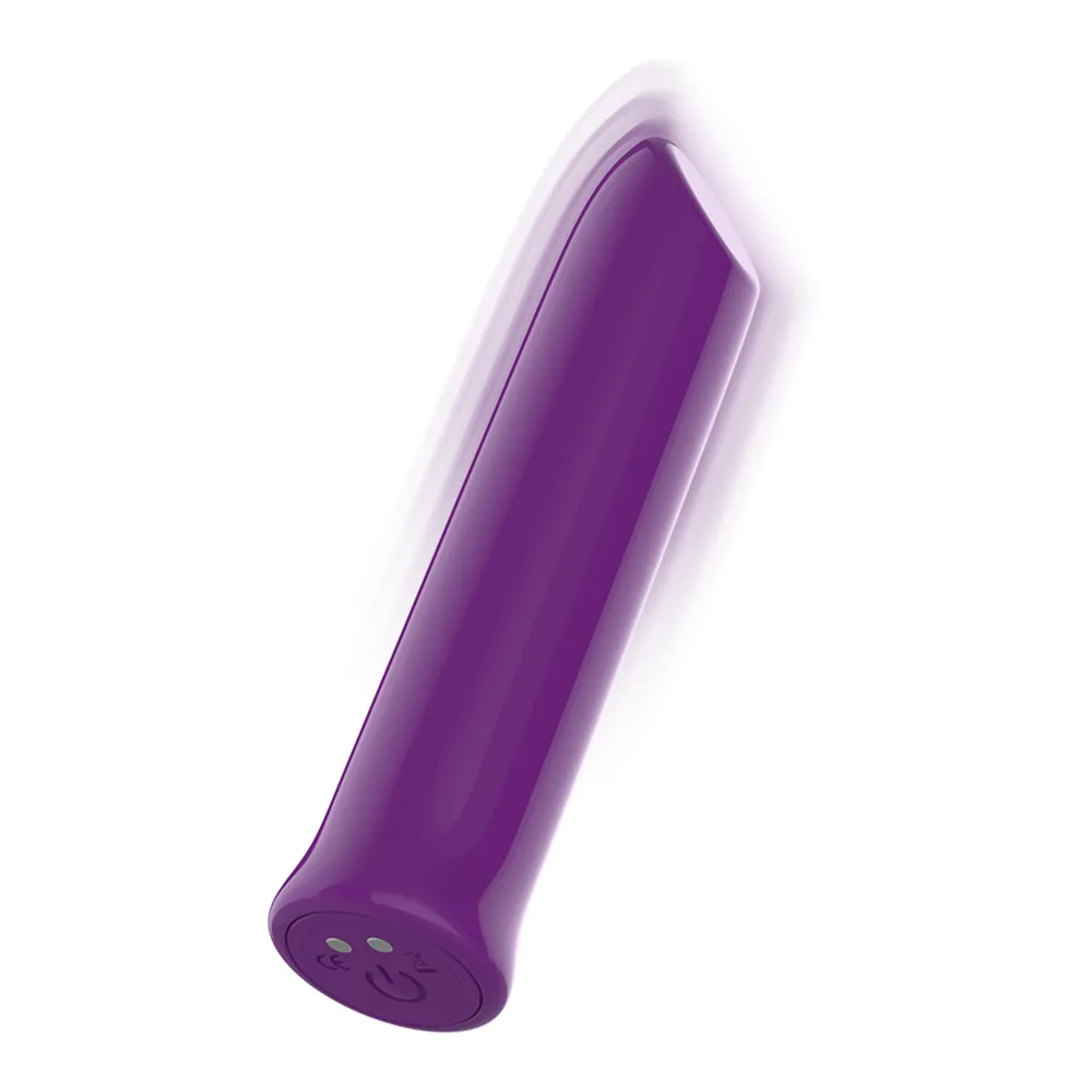 Stimulateur clitoridien en silicone violet, forme allongée et arrondie, schéma de dimensions indiquant 10,2 cm de hauteur et 2,5 cm de largeur