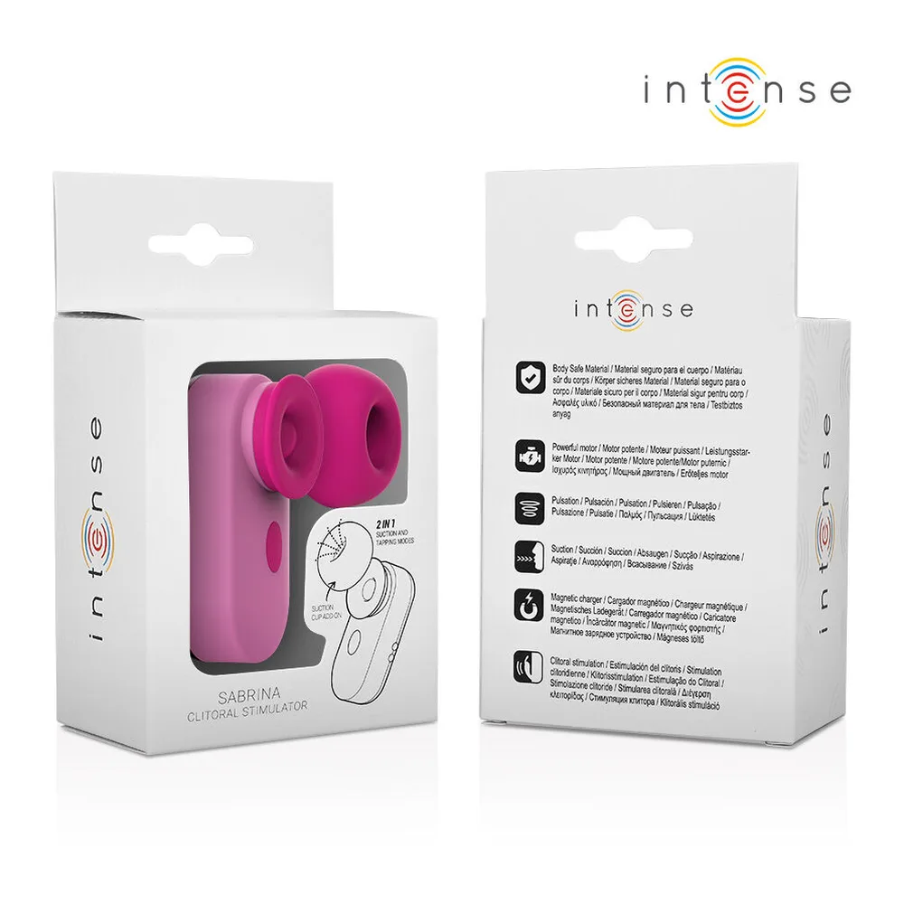 Emballage du stimulateur clitoridien Sabrina rose vif, montrant le produit et sa télécommande sans fil, avec schéma d'utilisation et texte informatif au verso