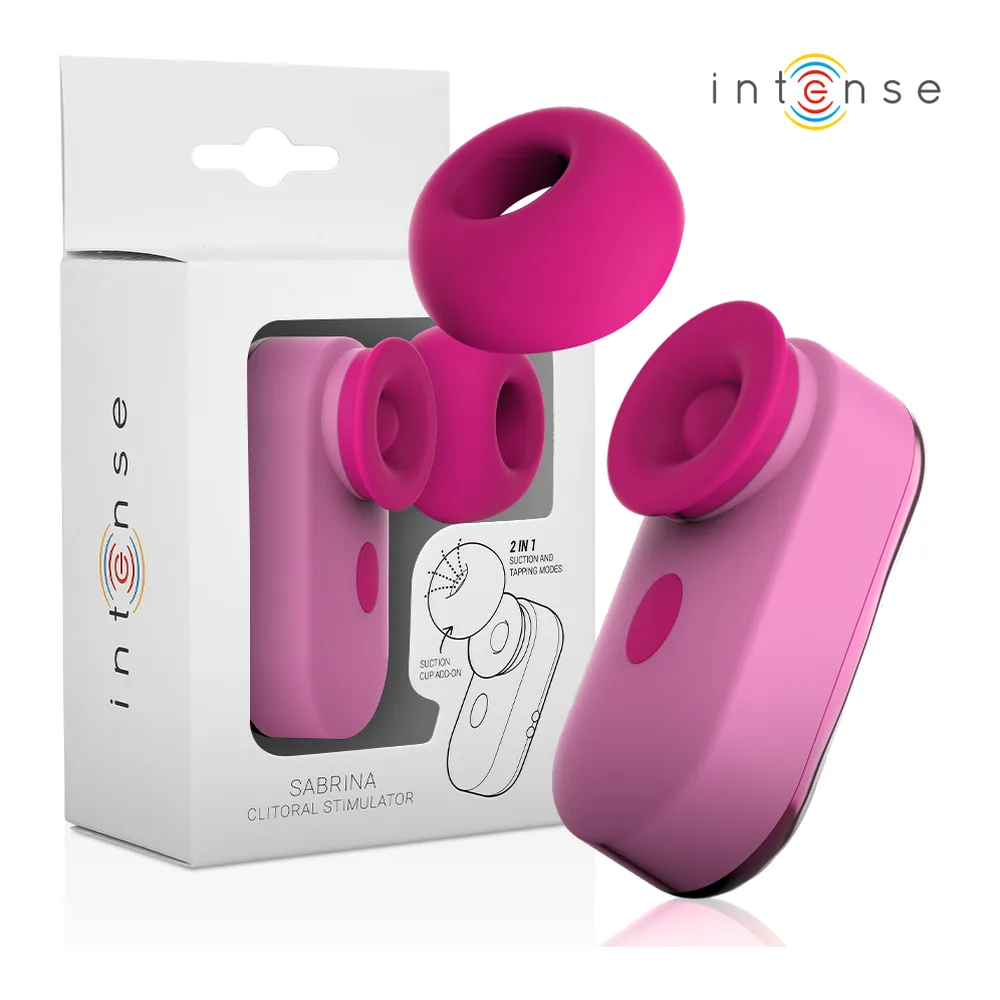 Emballage du stimulateur clitoridien Sabrina rose vif, montrant le produit et sa télécommande sans fil, avec schéma d'utilisation et texte informatif au verso