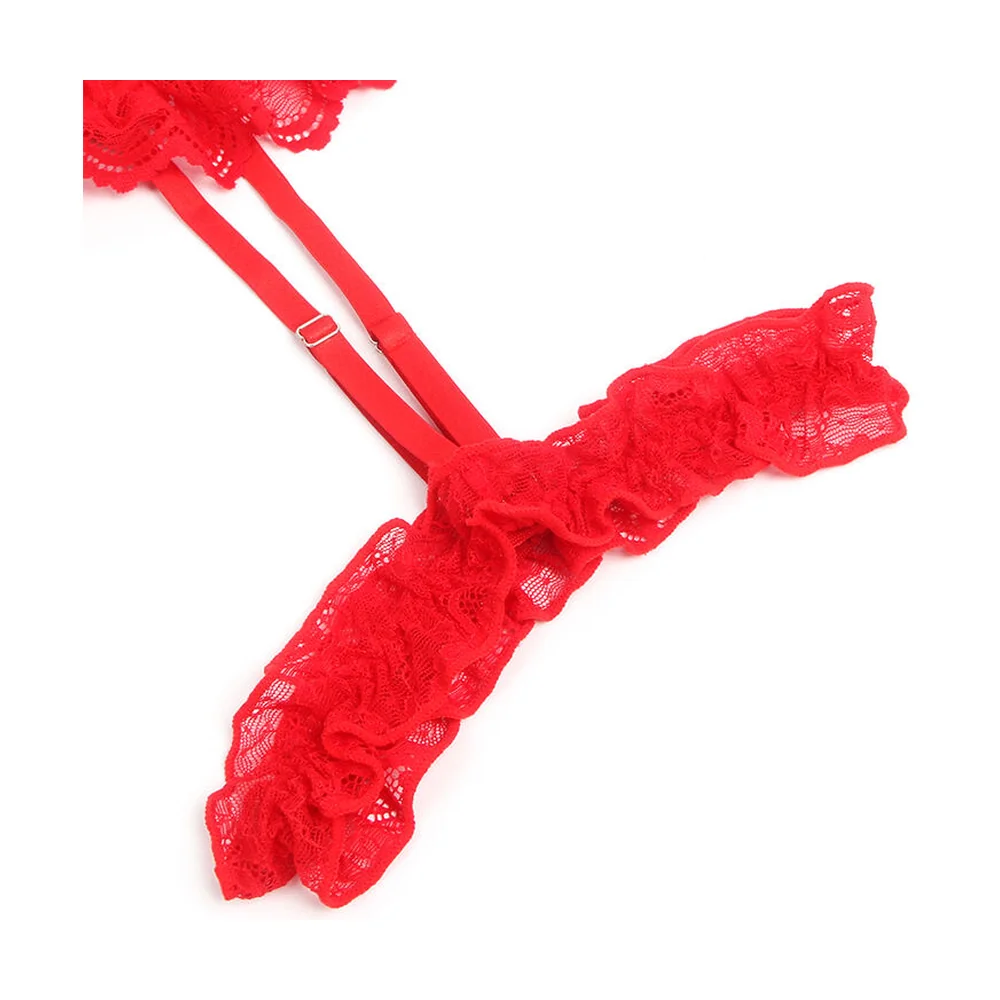 Teddy rouge en dentelle extensible avec bonnets à découpes, jarretelles intégrées et anneaux de jambe assortis, porté sur fond blanc