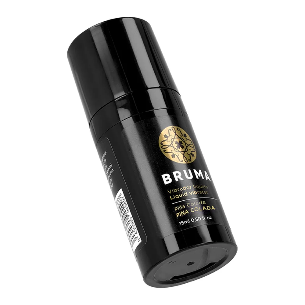 Flacon noir brillant de vibromasseur liquide Bruma saveur Pina Colada, 15 ml, avec étiquette dorée et blanche, capuchon noir vissé, sur fond blanc