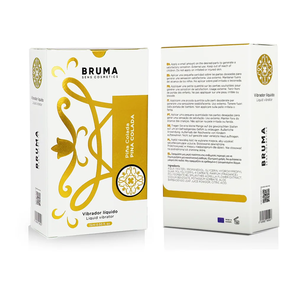 Flacon noir brillant de vibromasseur liquide Bruma saveur Pina Colada, 15 ml, avec étiquette dorée et blanche, capuchon noir vissé, sur fond blanc