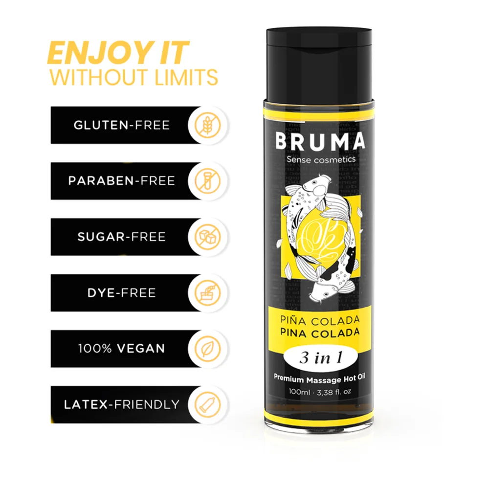 Flacon noir et jaune de 100ml d'huile de massage Bruma Piña Colada, avec étiquette illustrée de fruits tropicaux et mentions « 3 in 1 » et « Premium Massage Hot Oil »