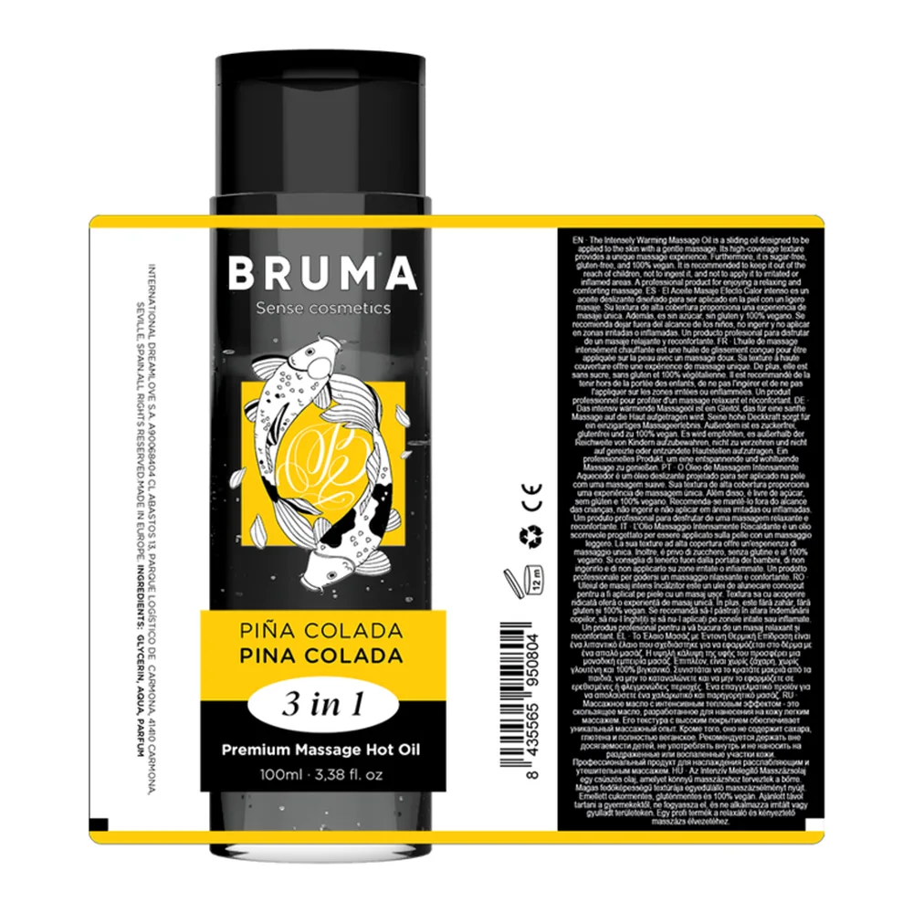 Flacon noir et jaune de 100ml d'huile de massage Bruma Piña Colada, avec étiquette illustrée de fruits tropicaux et mentions « 3 in 1 » et « Premium Massage Hot Oil »