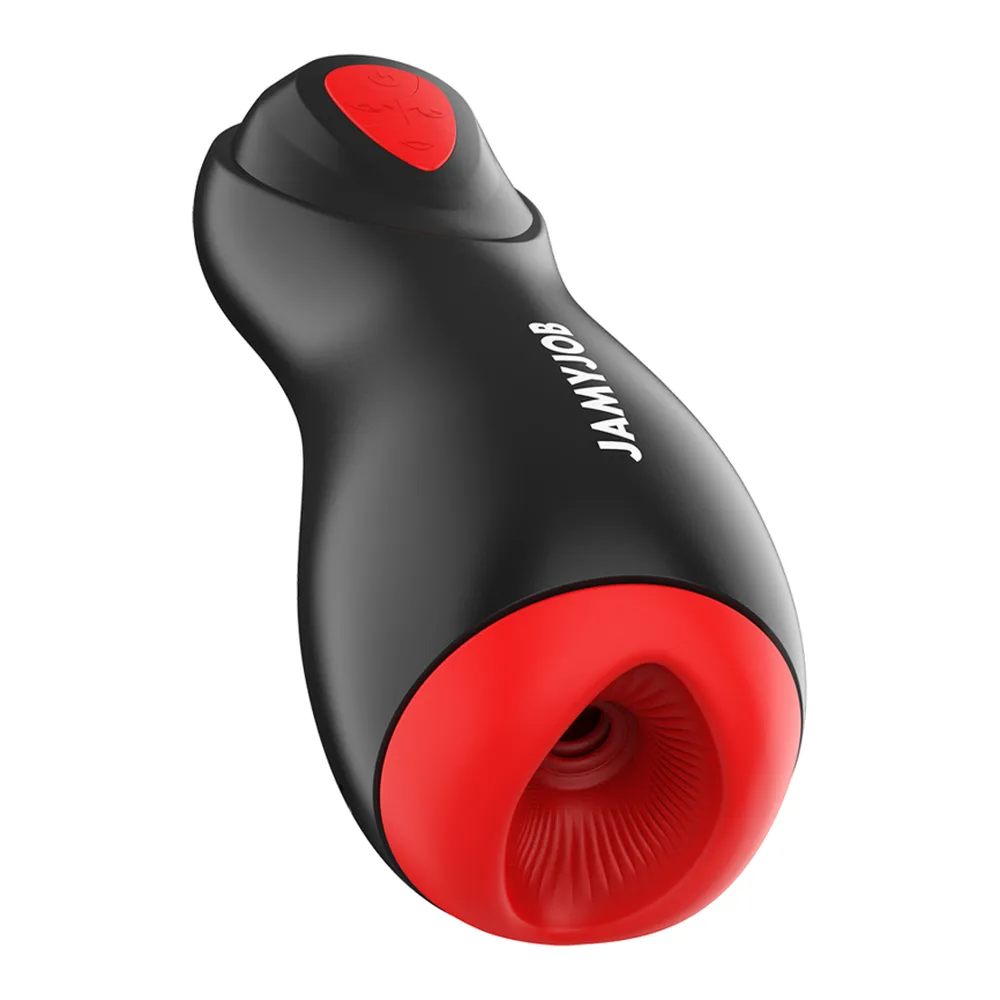 Masturbateur automatique noir avec embout rouge en silicone, design ergonomique incurvé, marquage du fabricant sur le corps
