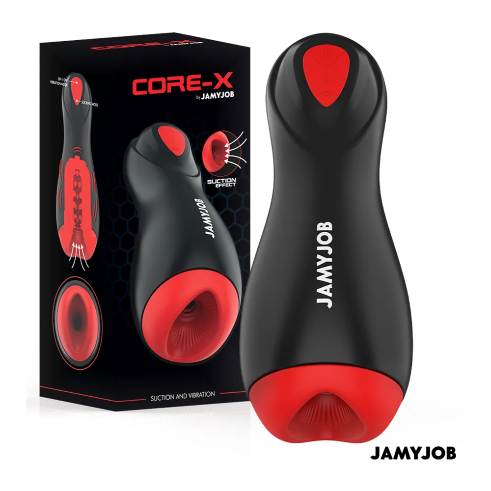 Masturbateur automatique noir avec embout rouge en silicone, design ergonomique incurvé, marquage du fabricant sur le corps