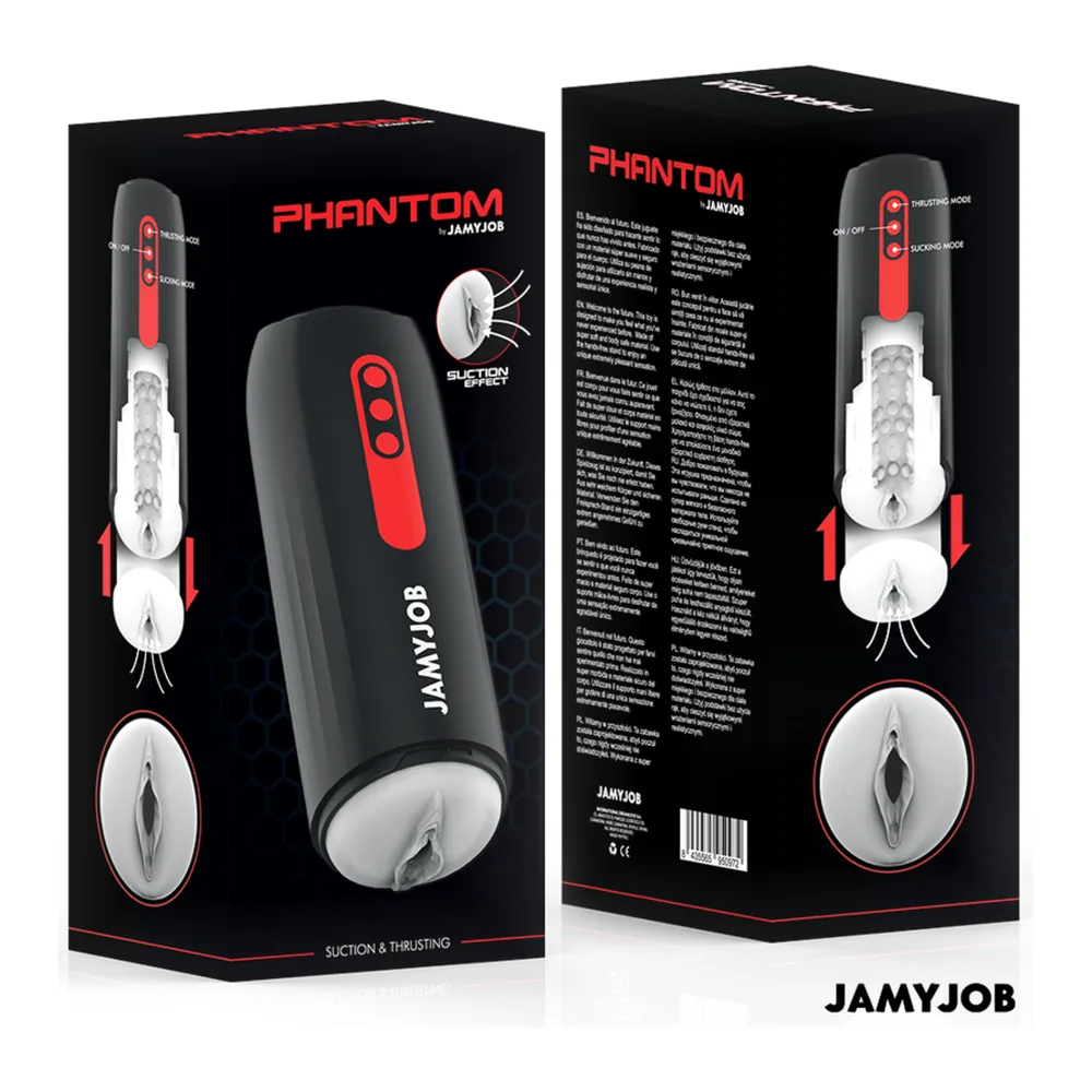 Masturbateur automatique noir et rouge Phantom JamyJob, trois vues montrant les boutons de contrôle rouge et le port de recharge USB, avec schéma de fonctionnement en haut