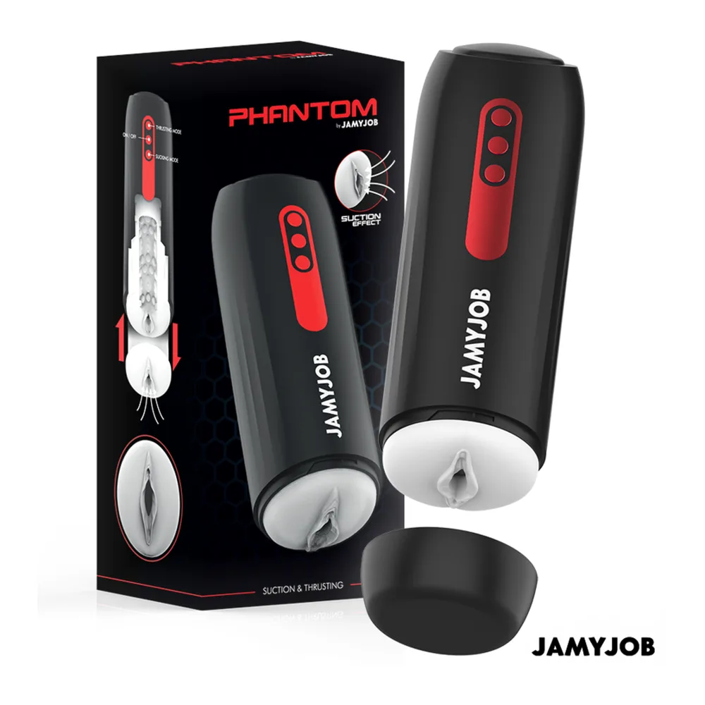 Masturbateur automatique noir et rouge Phantom JamyJob, trois vues montrant les boutons de contrôle rouge et le port de recharge USB, avec schéma de fonctionnement en haut
