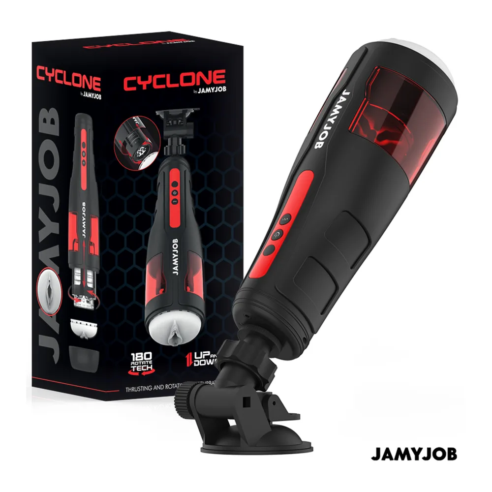 Masturbateur automatique Cyclone noir et rouge avec embase ventouse, présenté avec son emballage de rangement affichant les caractéristiques du produit
