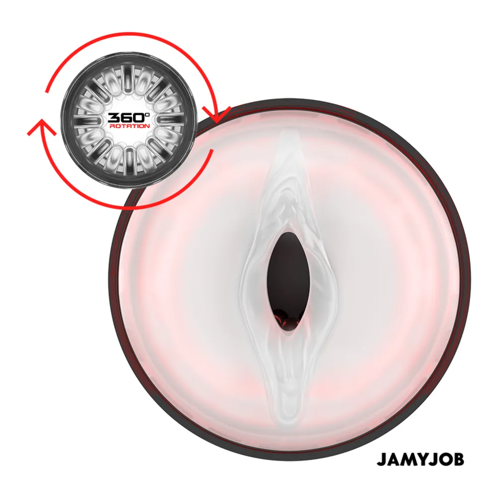 Masturbateur automatique Cyclone noir et rouge avec embase ventouse, présenté avec son emballage de rangement affichant les caractéristiques du produit