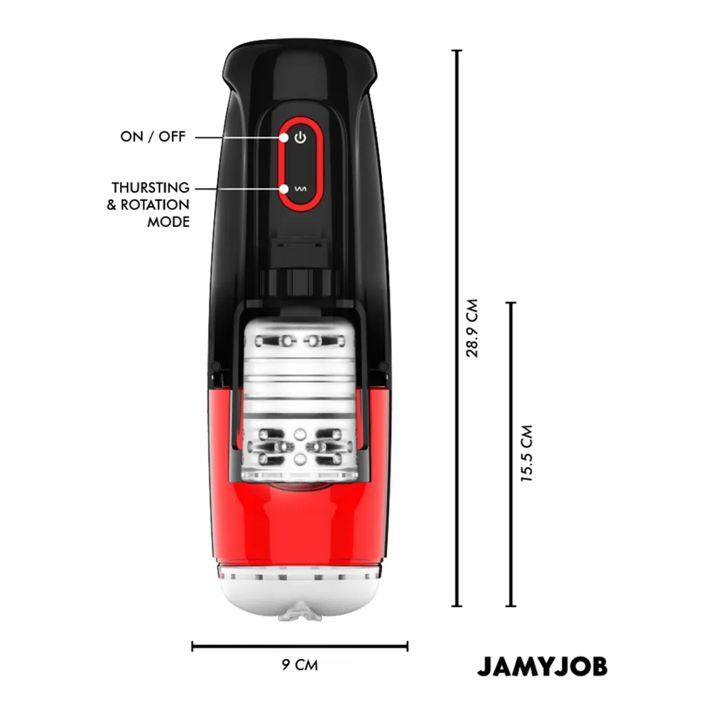 Masturbateur automatique noir et rouge avec bouton ON/OFF et mode rotation, schéma de dimensions indiquées