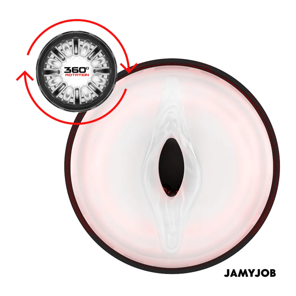 Masturbateur automatique noir et rouge avec bouton ON/OFF et mode rotation, schéma de dimensions indiquées