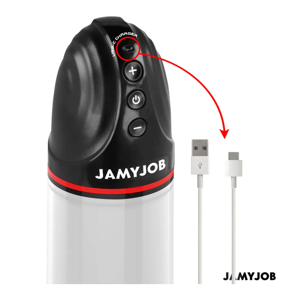 Pompe à pénis Xpand avec corps transparent, tête noire et rouge, affichant 6 pictogrammes d'instructions d'utilisation en rouge et noir sur fond blanc
