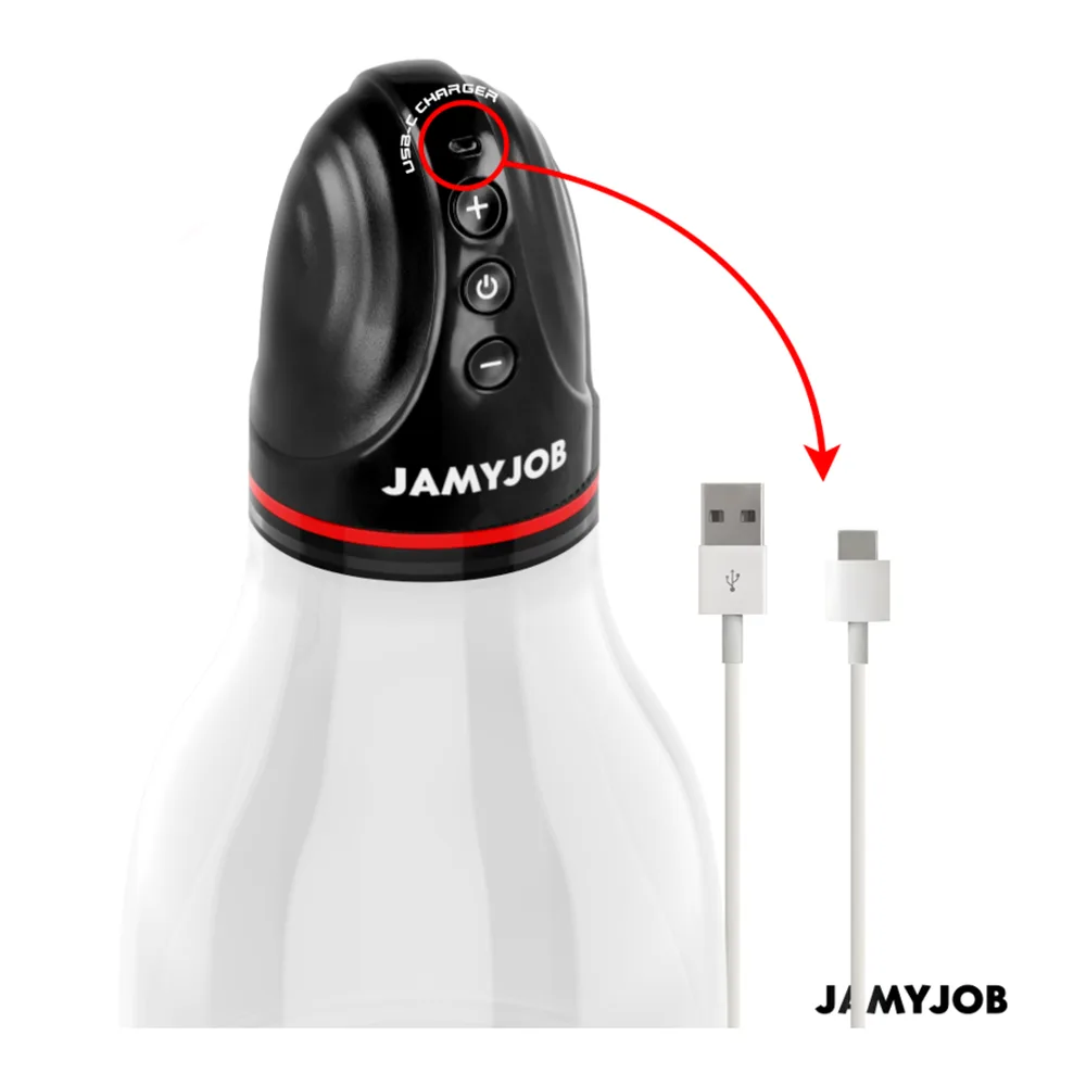 Pompe testiculaire noire et blanche avec anneau rouge, boutons de contrôle, câble USB-C fourni, sur fond blanc