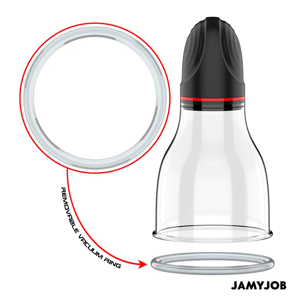 Pompe testiculaire noire et blanche avec anneau rouge, boutons de contrôle, câble USB-C fourni, sur fond blanc