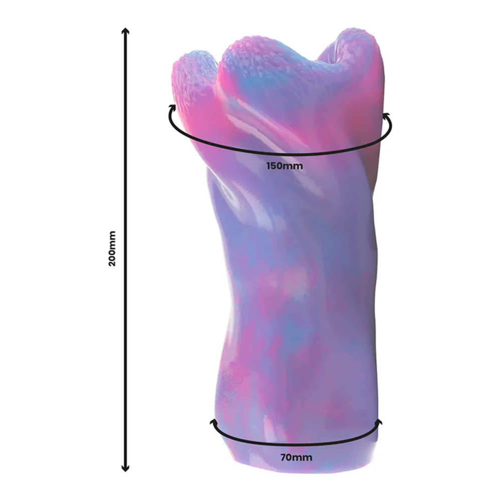 Schéma de dimensions du masturbateur Thetis en silicone marbré rose et violet, hauteur 200mm, largeur 150mm, base 70mm