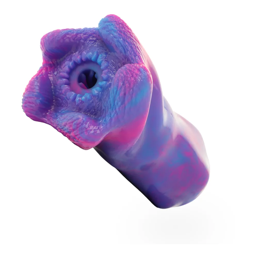 Schéma de dimensions du masturbateur Thetis en silicone marbré rose et violet, hauteur 200mm, largeur 150mm, base 70mm