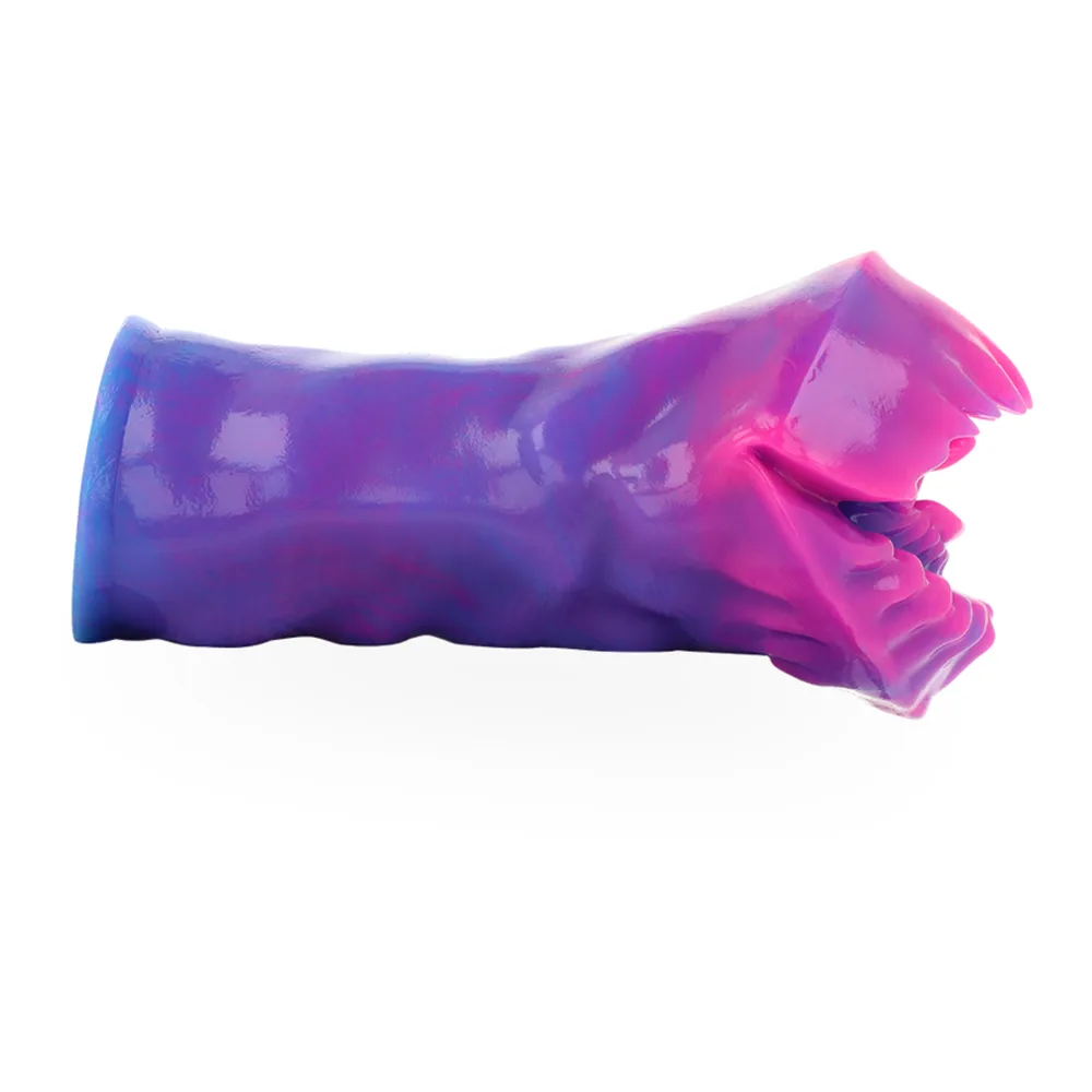 Masturbateur en silicone rose et bleu dégradé, tête de créature aux traits stylisés, ouverture texturée en relief, surface brillante