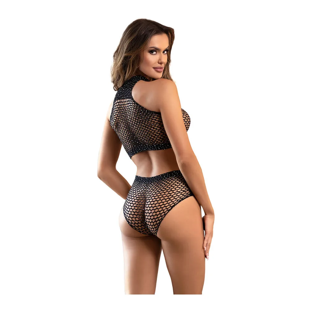 Ensemble deux pièces en résille noire semée de strass : haut court à col montant et culotte taille haute, porté sur fond blanc