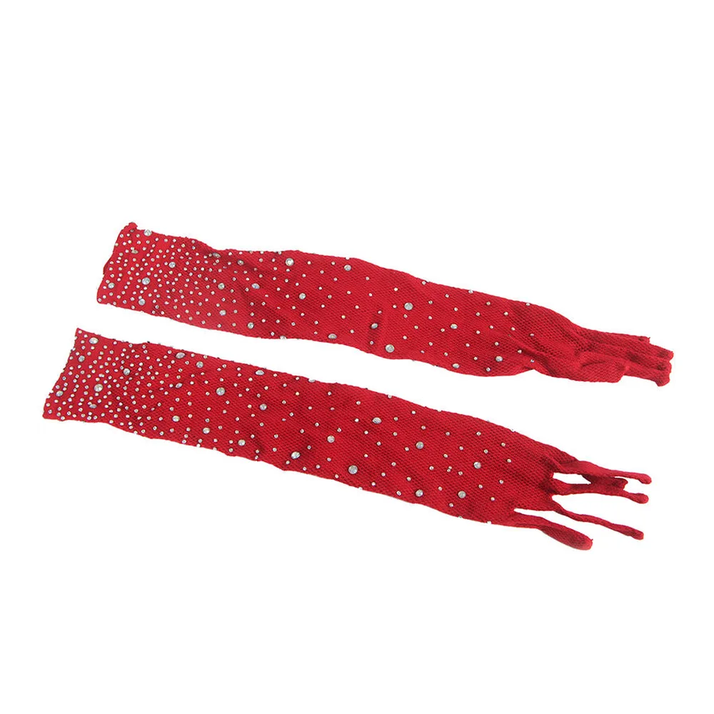 Bodystocking résille rouge à mailles losangées avec gants pailletés assortis intégrés, présenté à plat sur fond blanc