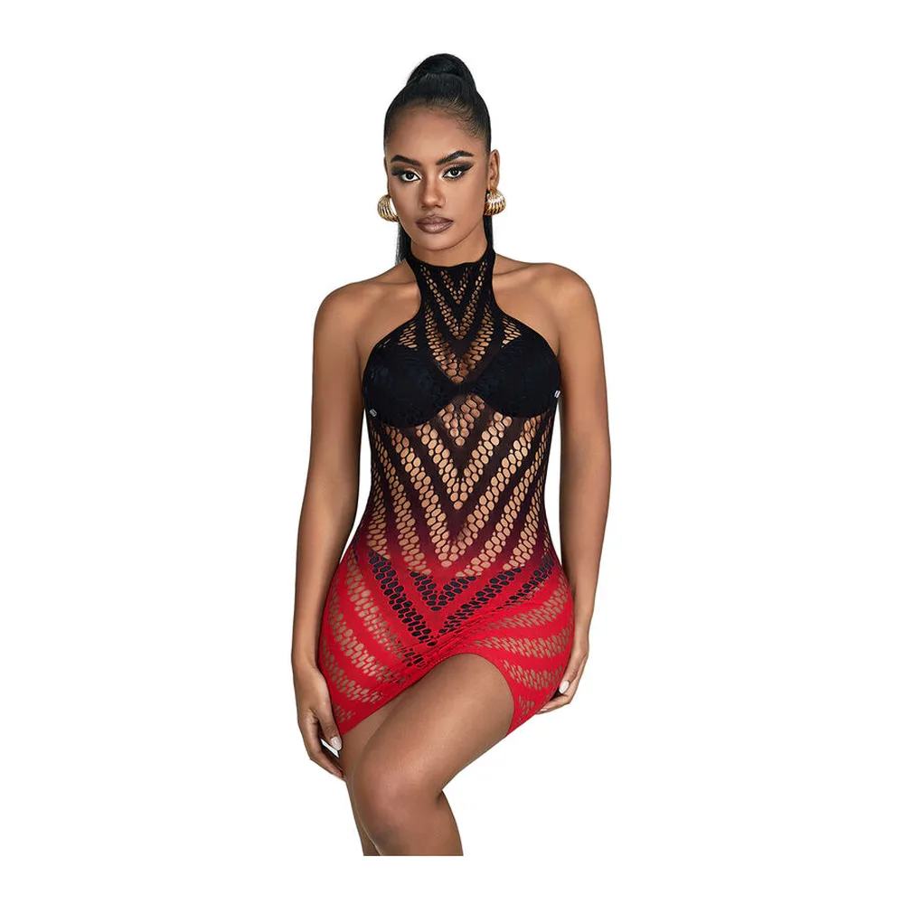 Nuisette résille à mailles losange noir et rouge, col halter ajouré noir, dégradé géométrique du noir au rouge sur le buste et les hanches, taille unique, mailles extensibles