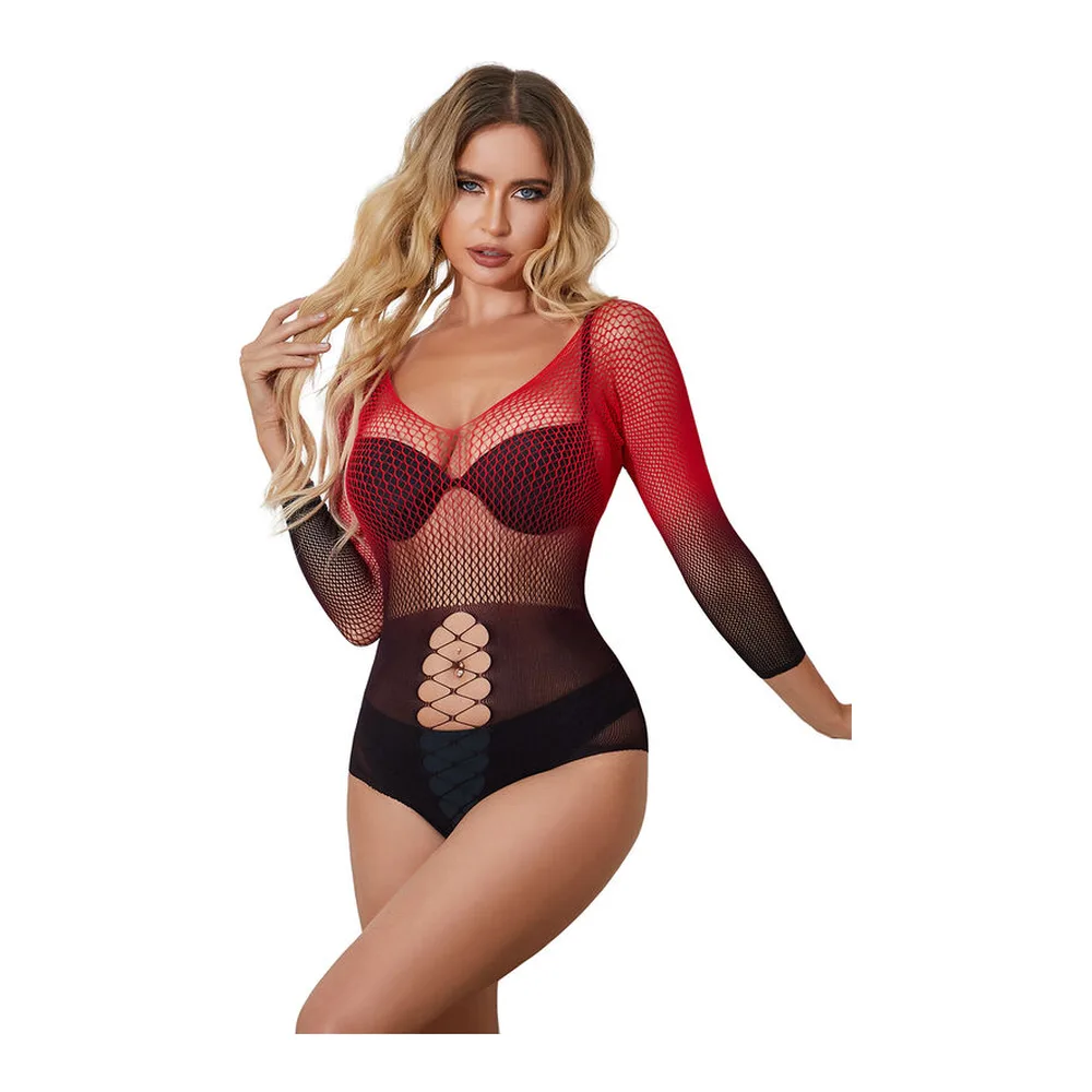 Body résille avec manches longues en dégradé du rouge au noir, encolure en V, armatures et détail lacé au buste, taille unique élastique extensible