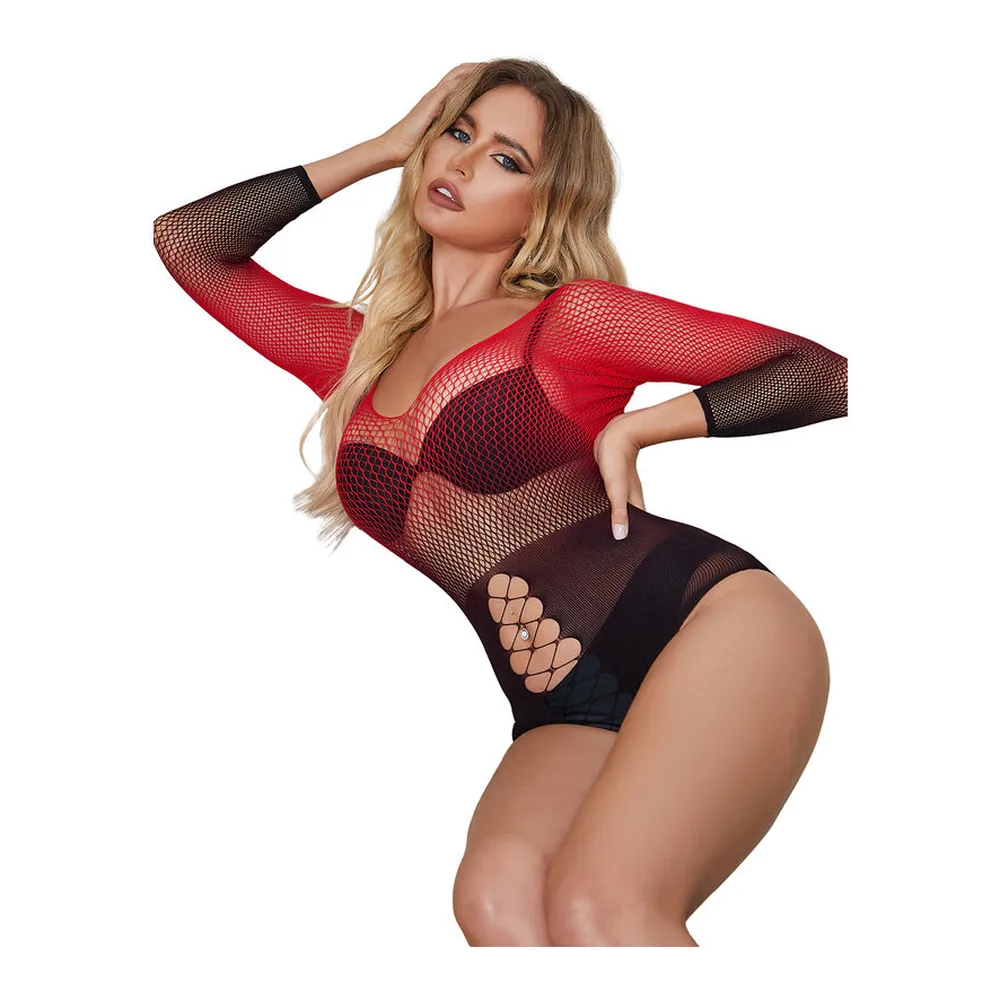 Body résille avec manches longues en dégradé du rouge au noir, encolure en V, armatures et détail lacé au buste, taille unique élastique extensible
