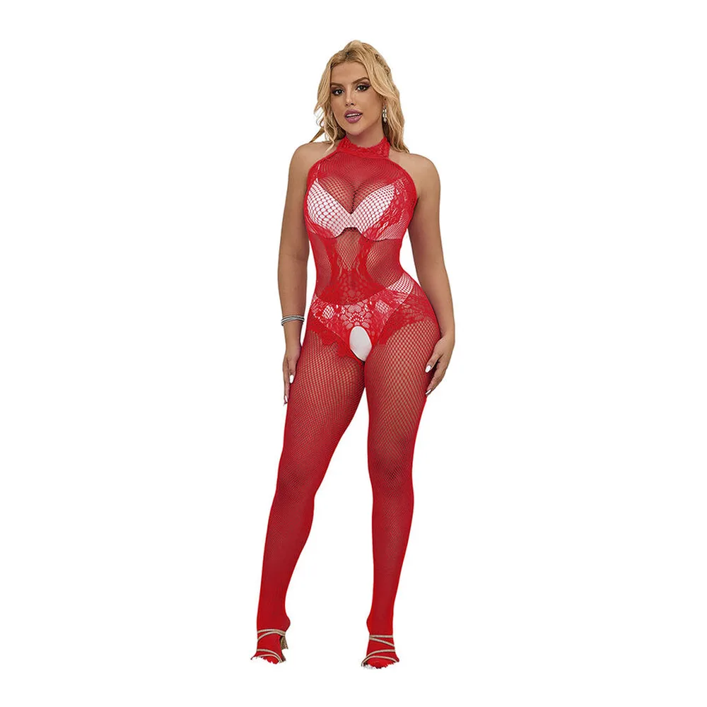 Bodystocking Résille Dentelle fourrure rouge Subblime