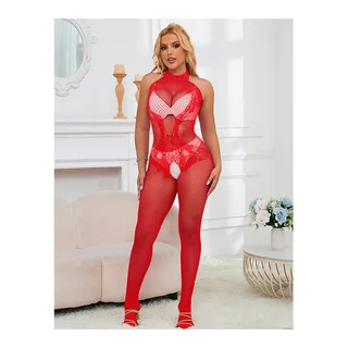 Bodystocking Résille Dentelle fourrure rouge Subblime - avec sa base