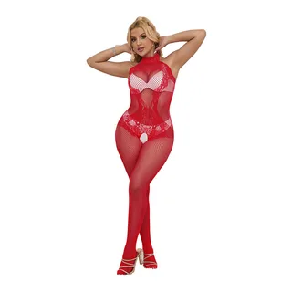Bodystocking Résille Dentelle fourrure rouge Subblime - avec son échelle de taille
