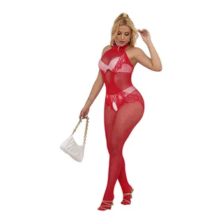 Bodystocking Résille Dentelle fourrure rouge Subblime - vue de dos