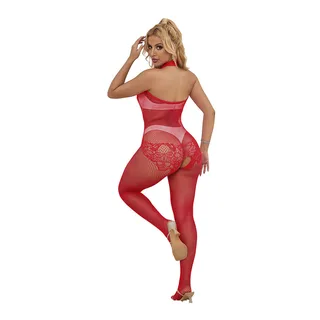 Bodystocking Résille Dentelle fourrure rouge Subblime - détail de la texture