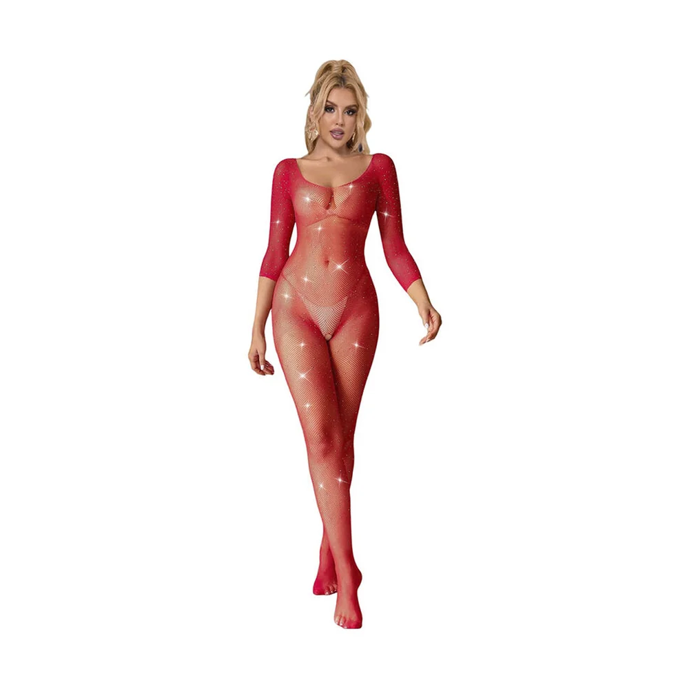 Bodystocking résille à losanges rouges, manches longues, porté de face sur fond blanc