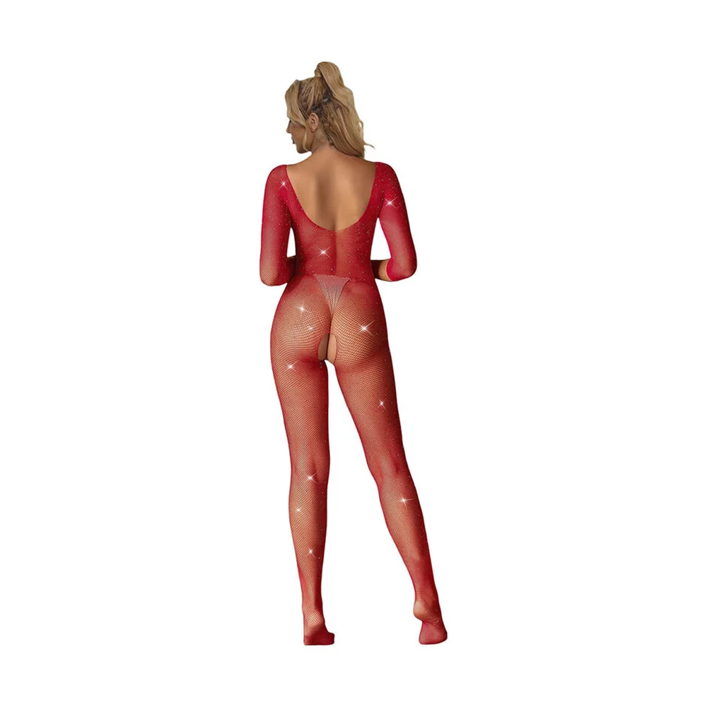 Bodystocking résille à losanges rouges, manches longues, porté de face sur fond blanc