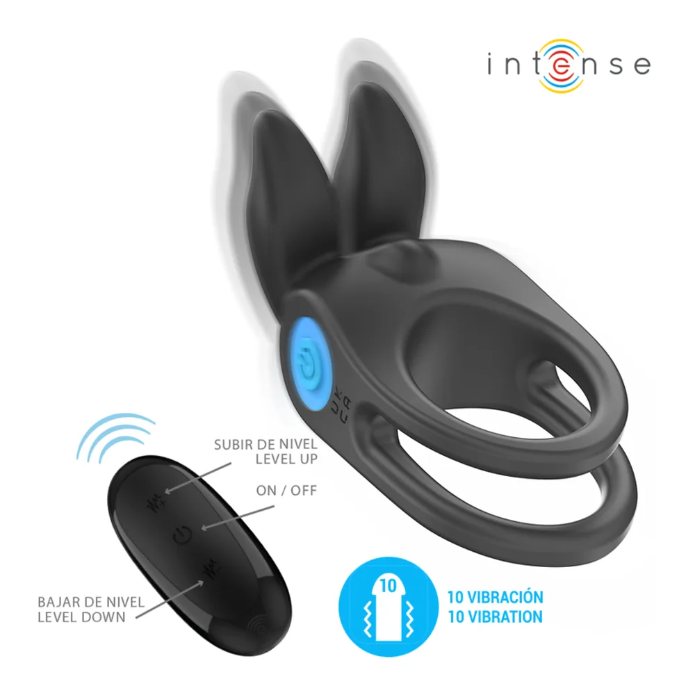 Schéma de dimensions du vibromasseur double anneau noir Sam, montrant la hauteur de 90 mm et la largeur de 45 mm, avec deux oreilles pointues au sommet et un anneau central de silicone