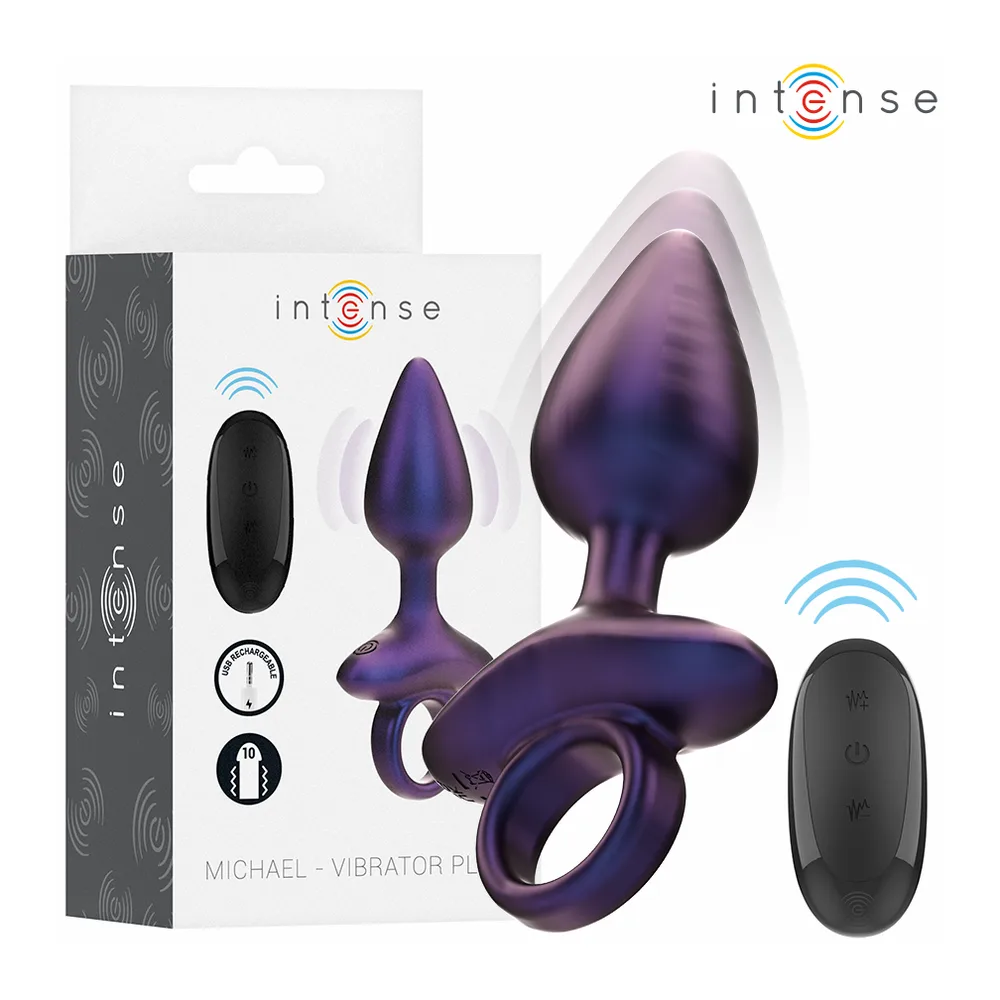 Plug anal en silicone violet dégradé bleu avec télécommande noire sans fil, bulbe large et anneau de préhension, détail des 10 modes de vibration visibles en encadré