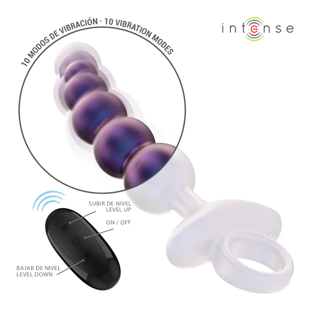 Schéma du plug anal Tito Plug Anal Vibrant de Intense : silicone violet dégradé avec cinq renflements successifs, télécommande noire ovale, anneaux de retrait translucides, cercle indiquant les 10 modes de vibration