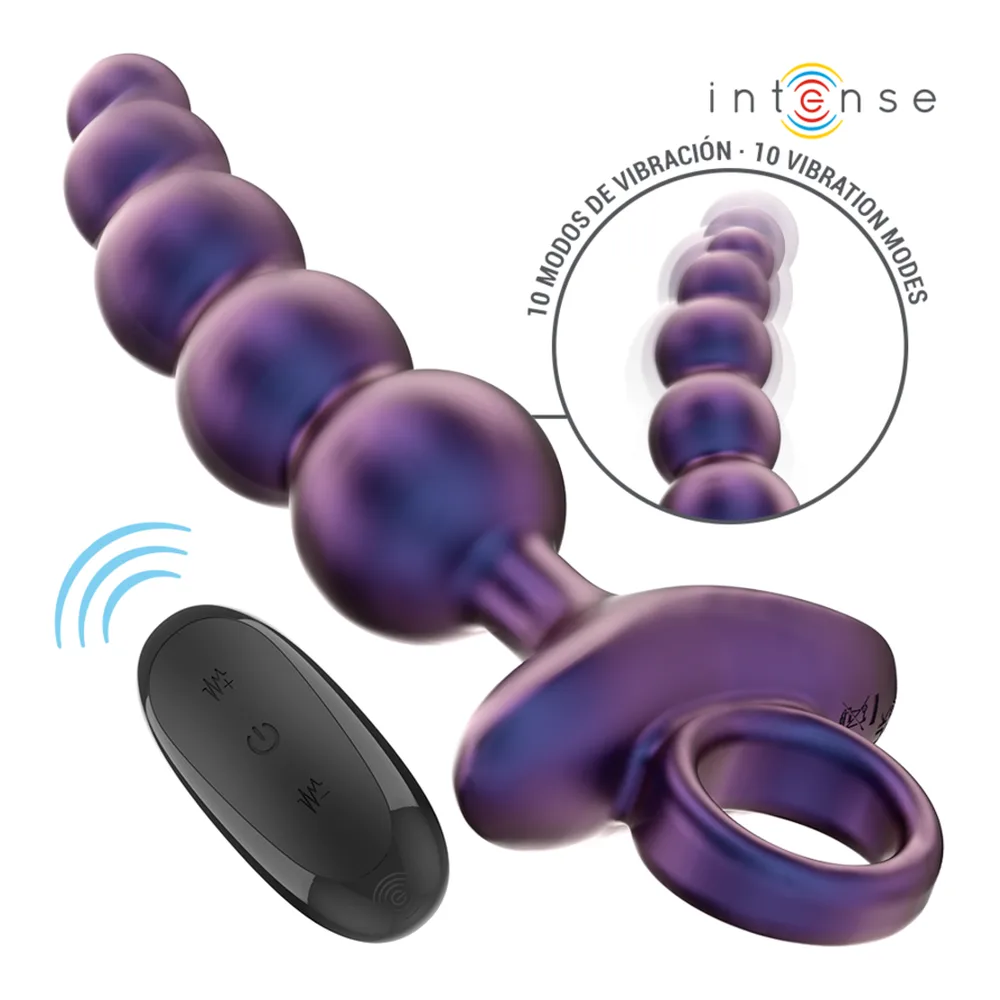 Schéma du plug anal Tito Plug Anal Vibrant de Intense : silicone violet dégradé avec cinq renflements successifs, télécommande noire ovale, anneaux de retrait translucides, cercle indiquant les 10 modes de vibration