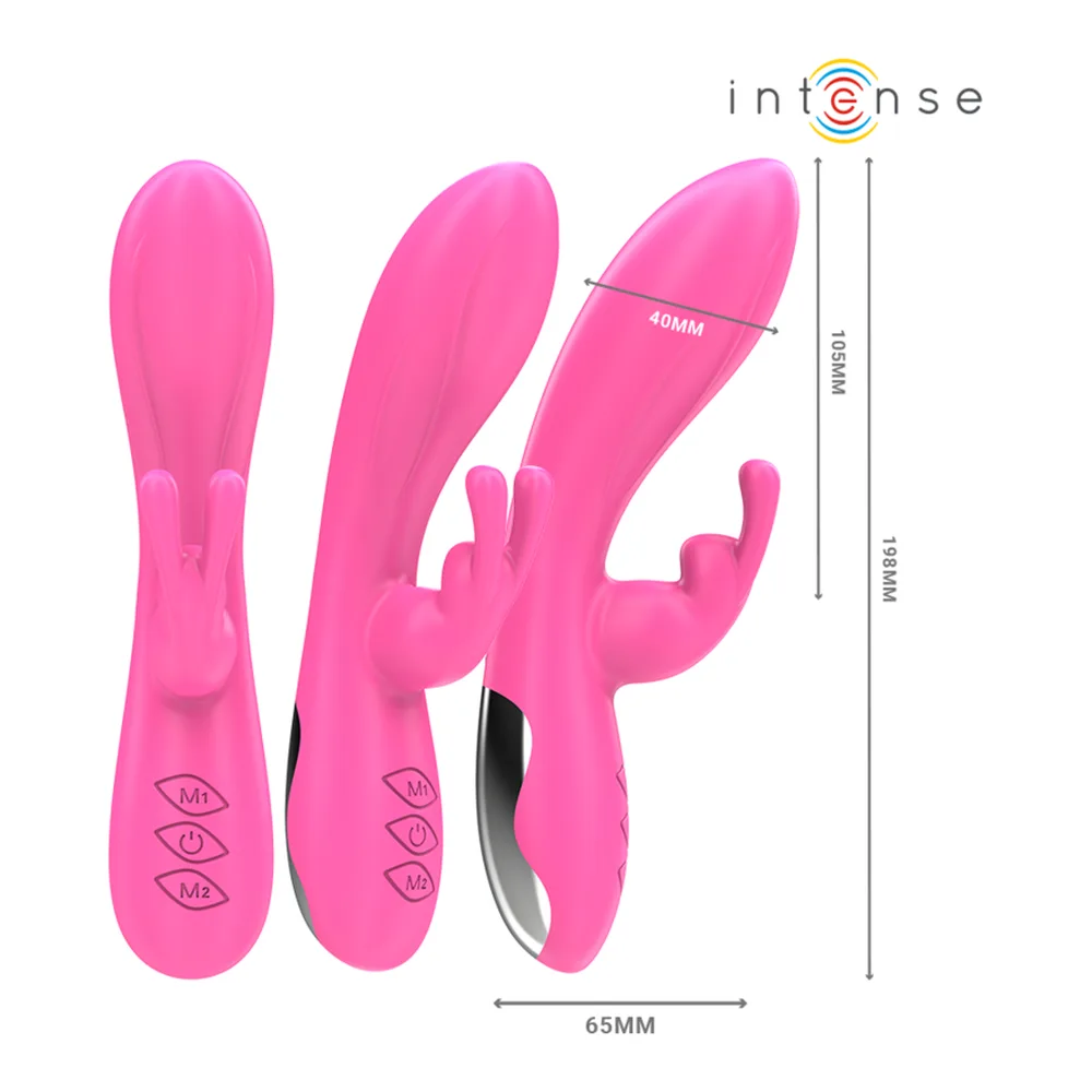 Vibromasseur rabbit rose en silicone avec bras clitoridien souple, tige principale incurvée et base noire, présenté avec schémas montrant les 10 modes de vibration et le bras articulé
