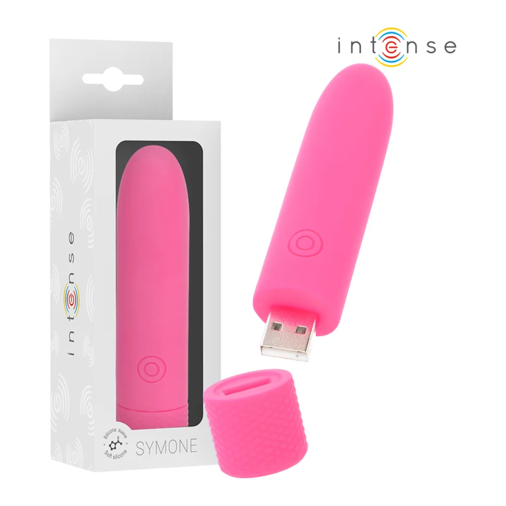 Vibromasseur bullet rose vif en silicone, forme allongée et arrondie, avec zone de contrôle gravée au centre, sur fond blanc avec halo dégradé rose pâle