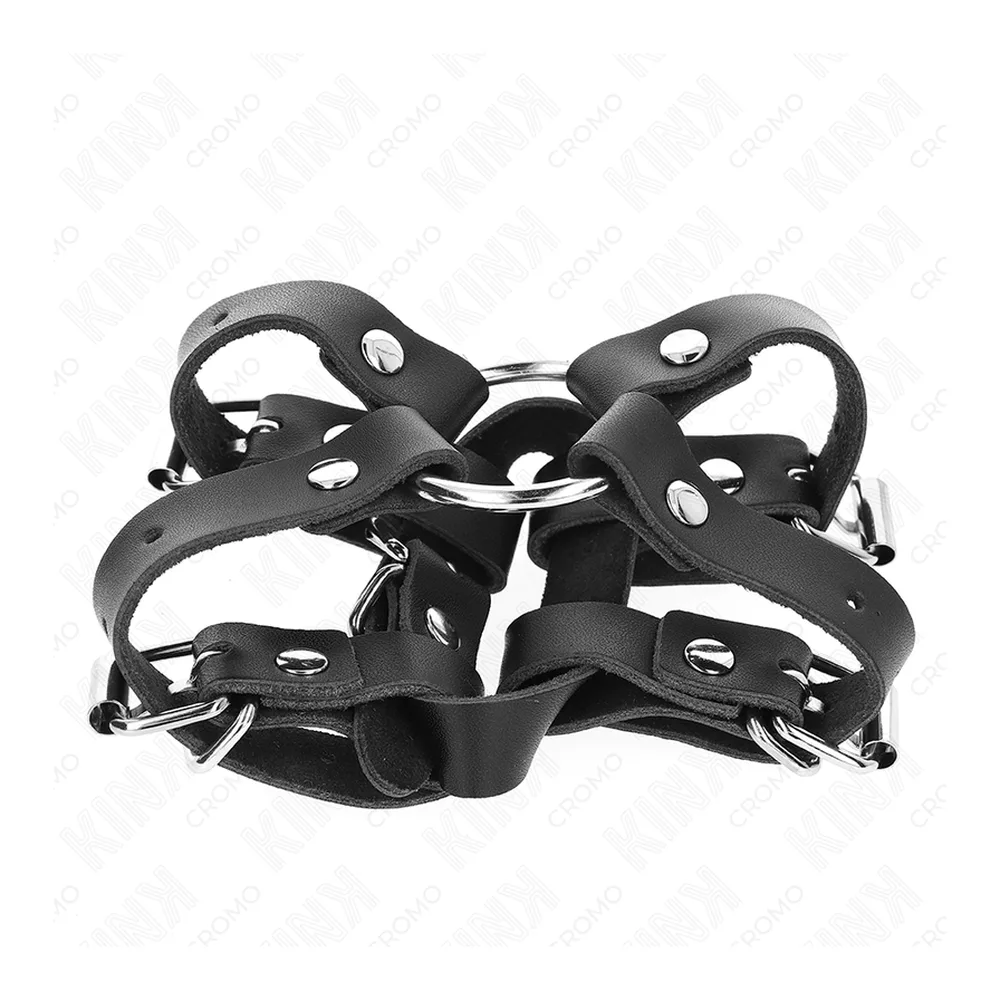 Cockring en acier inoxydable avec plusieurs sangles noires réglables équipées d'anneaux métalliques, système d'attache à boucle sur fond blanc