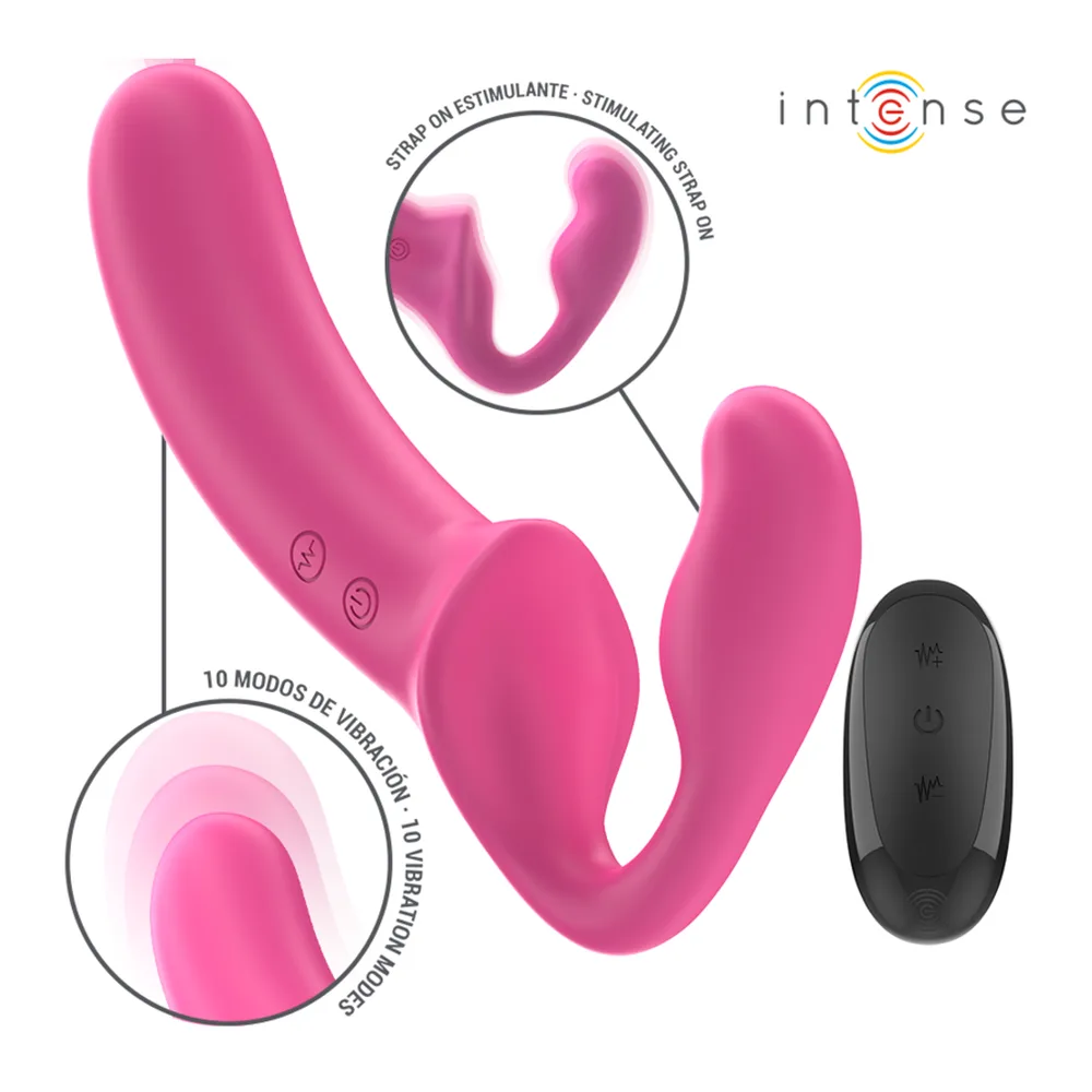 Vibrateur double rose vif en silicone avec tige lisse courbe, deux extrémités bulbeuses, commandes intégrées et télécommande noire sans fil incluse, fond blanc