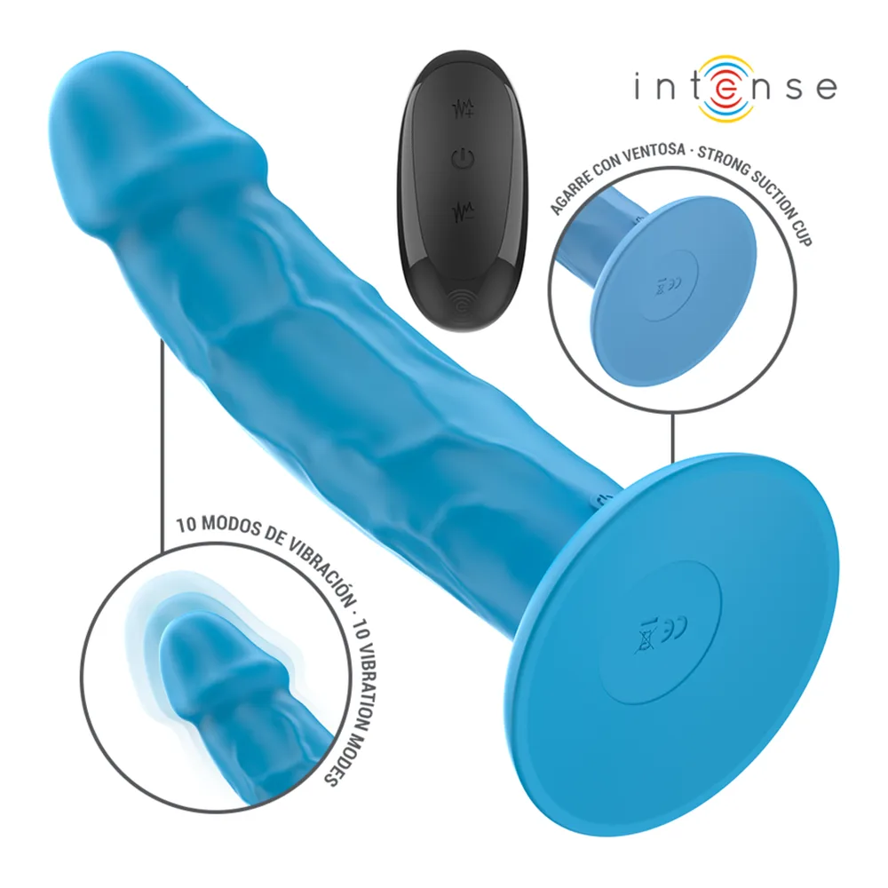 Vibromasseur réaliste bleu avec ventouse, télécommande noire, et détails des 10 modes de vibration et de la base adhésive sur fond blanc