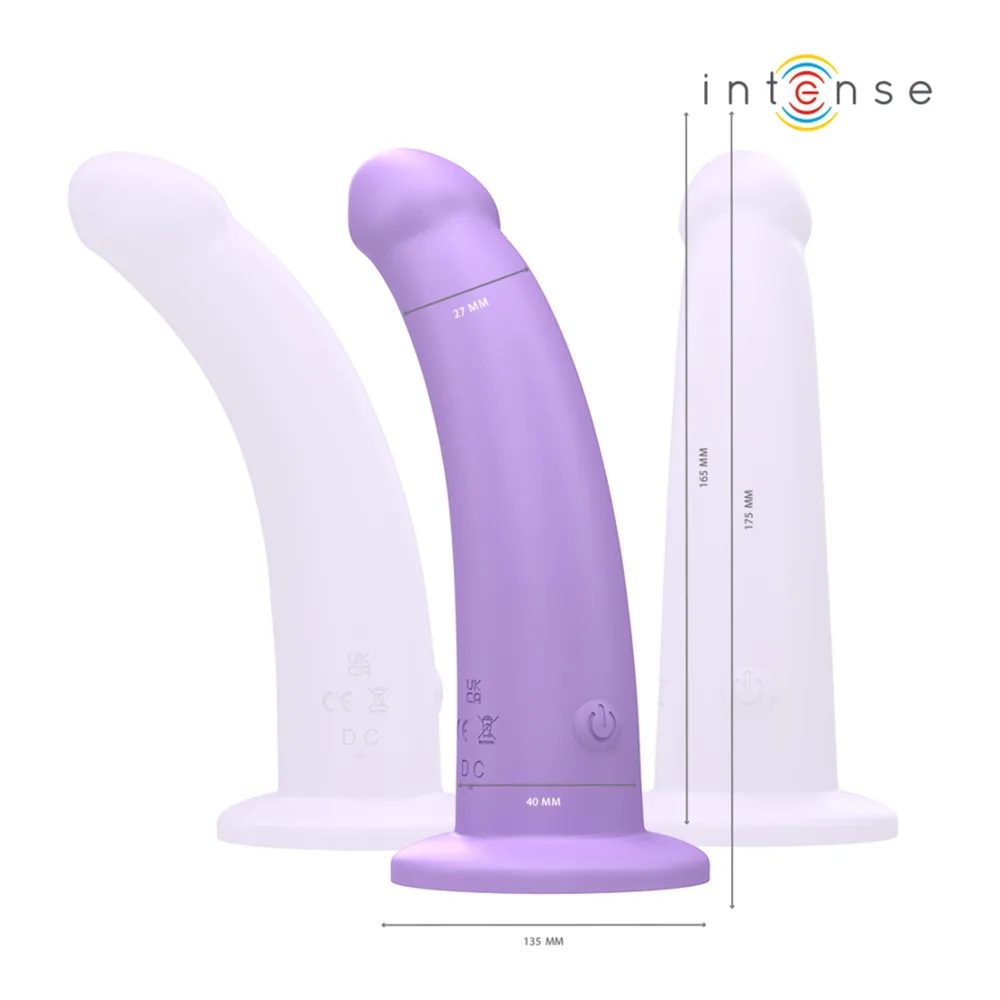 Vibromasseur violet courbe avec base large, télécommande noire, détails des 10 modes de vibration et ventouse de fixation, vue d'ensemble du produit